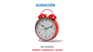 88 HORAS
MARTES - MIERCOLES – JUEVES
DURACIÓN
 