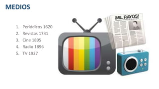 MEDIOS
1. Periódicos 1620
2. Revistas 1731
3. Cine 1895
4. Radio 1896
5. TV 1927
 