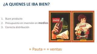 ¿A QUIENES LE IBA BIEN?
1. Buen producto
2. Presupuesto en inversión en medios
3. Correcta distribución
+ Pauta = + ventas
 