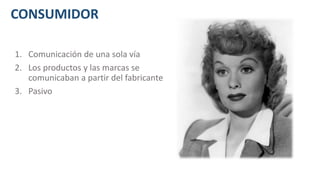 CONSUMIDOR
1. Comunicación de una sola vía
2. Los productos y las marcas se
comunicaban a partir del fabricante
3. Pasivo
 