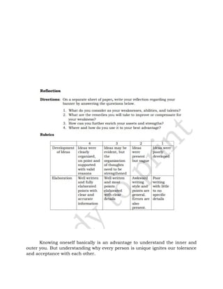 Knowing oneself basically is an advantage to understand the inner and
outer you. But understanding why every person is unique ignites our tolerance
and acceptance with each other.
 