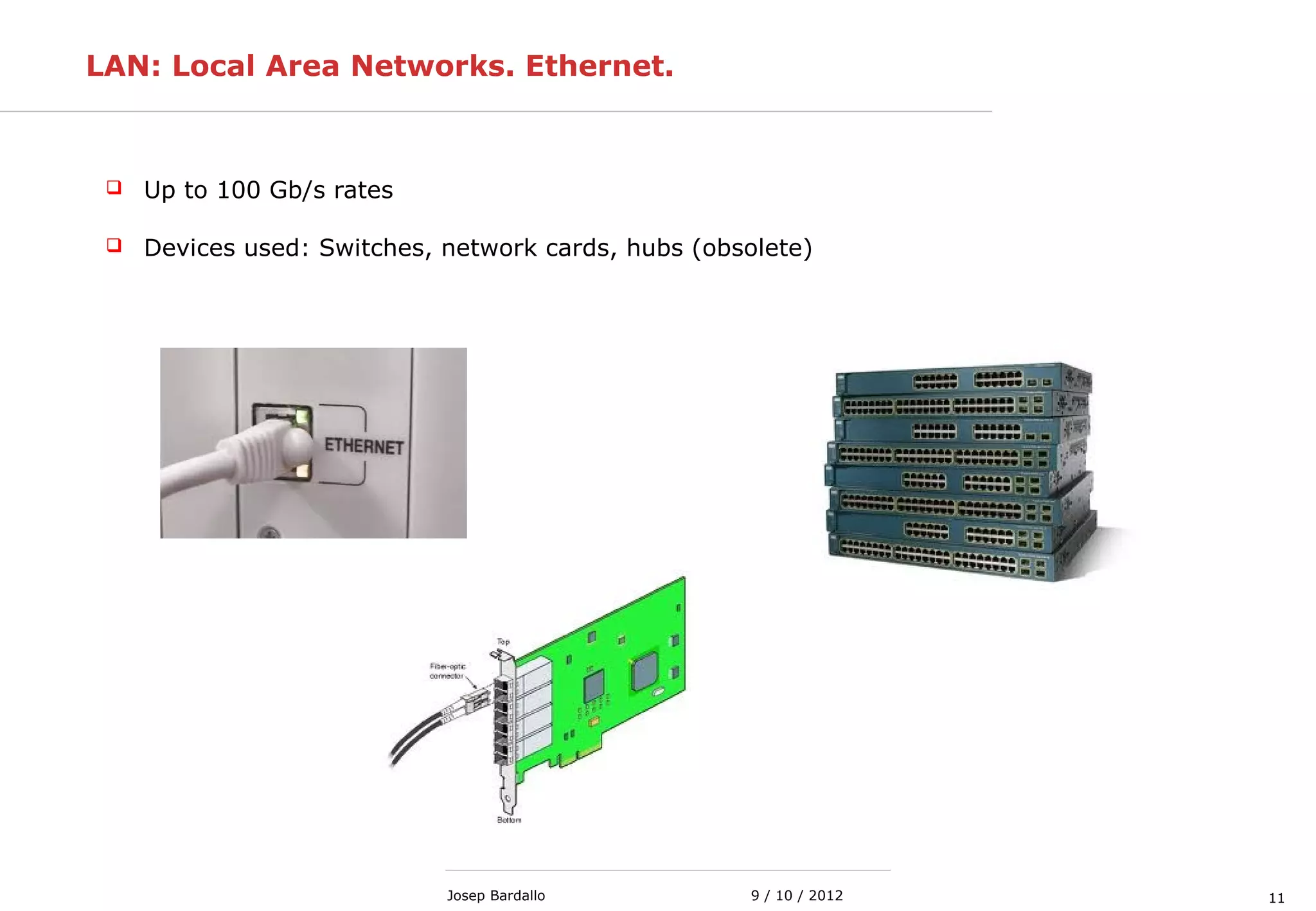 119 / 10 / 2012Josep Bardallo
LAN: Local Area Networks. Ethernet.
 Up to 100 Gb/s rates
 Devices used: Switches, network cards, hubs (obsolete)
 