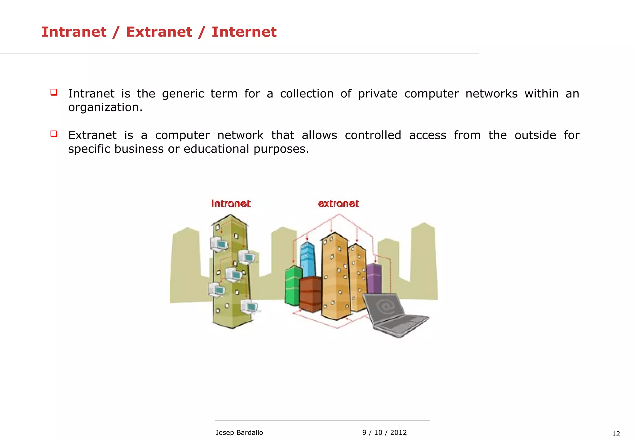 129 / 10 / 2012Josep Bardallo
Intranet / Extranet / Internet
 Intranet is the generic term for a collection of private computer networks within an
organization.
 Extranet is a computer network that allows controlled access from the outside for
specific business or educational purposes.
 