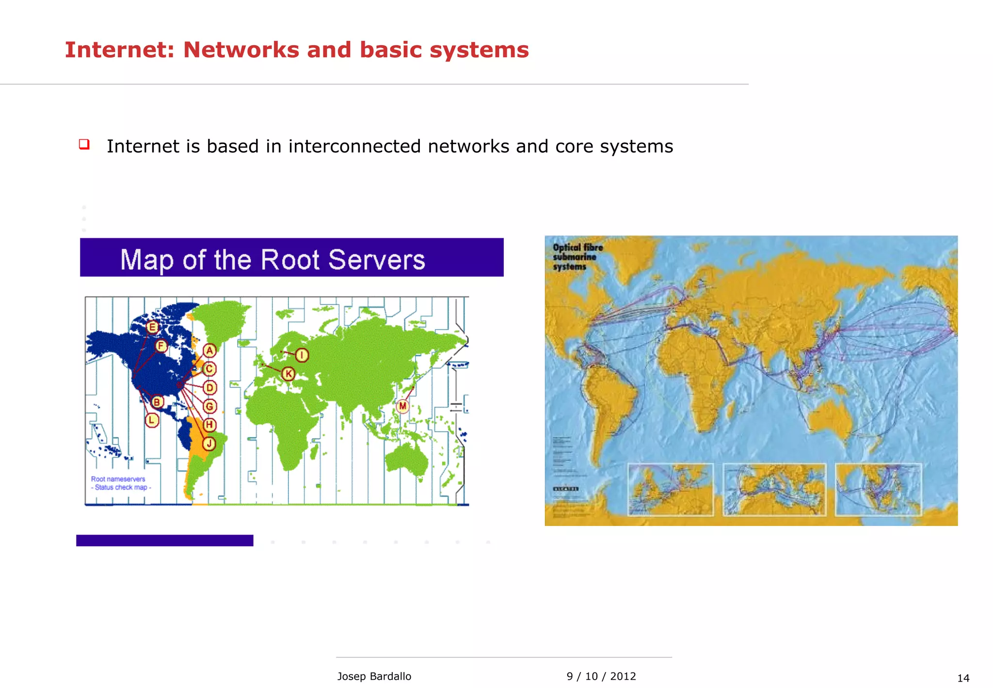 149 / 10 / 2012Josep Bardallo
Internet: Networks and basic systems
 Internet is based in interconnected networks and core systems
 