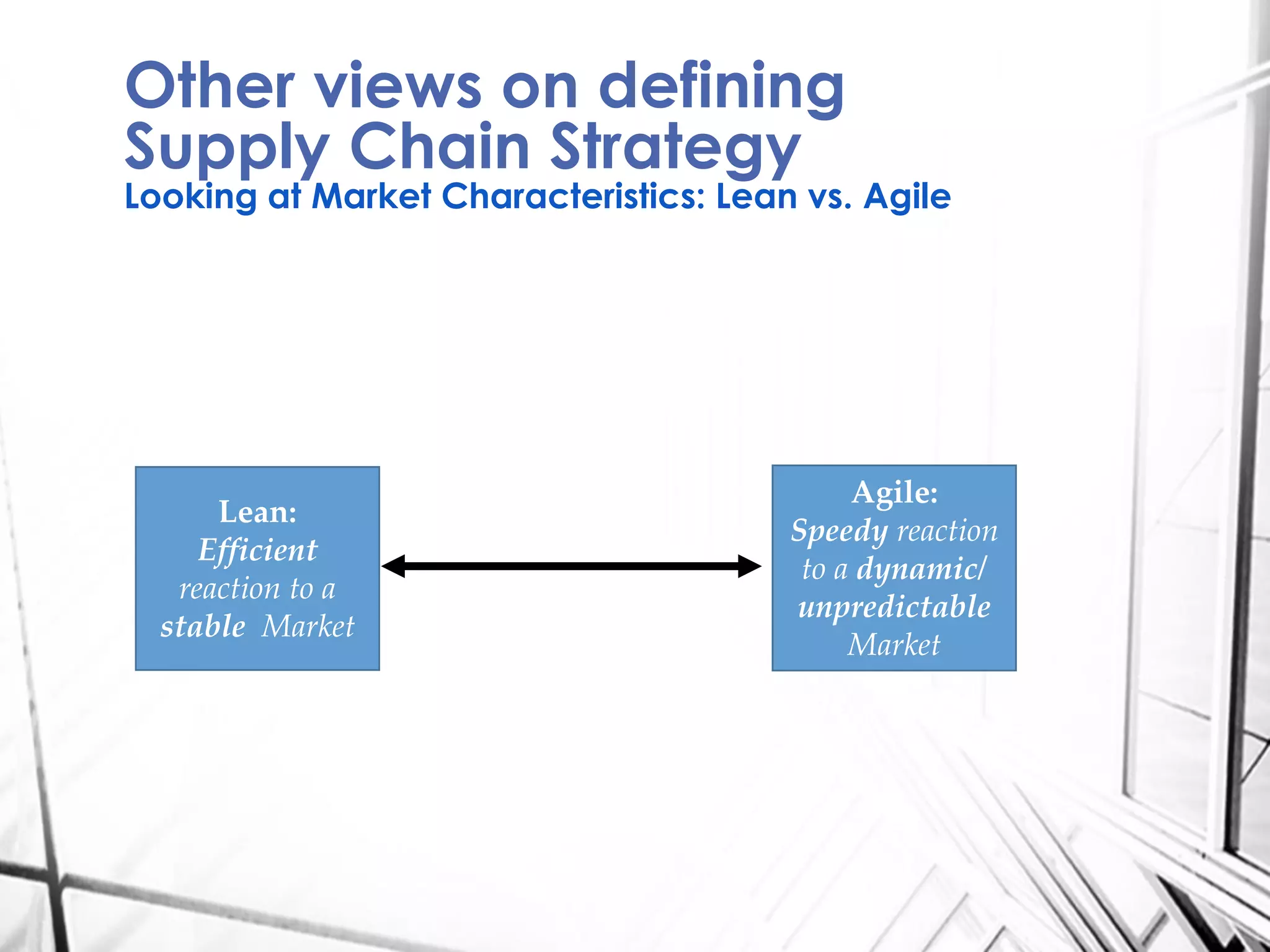 Other views on defining
Supply Chain Strategy
Looking at Market Characteristics: Lean vs. Agile
Agile:
Speedy reaction
to a dynamic/
unpredictable
Market
Lean:
Efficient
reaction to a
stable Market
 