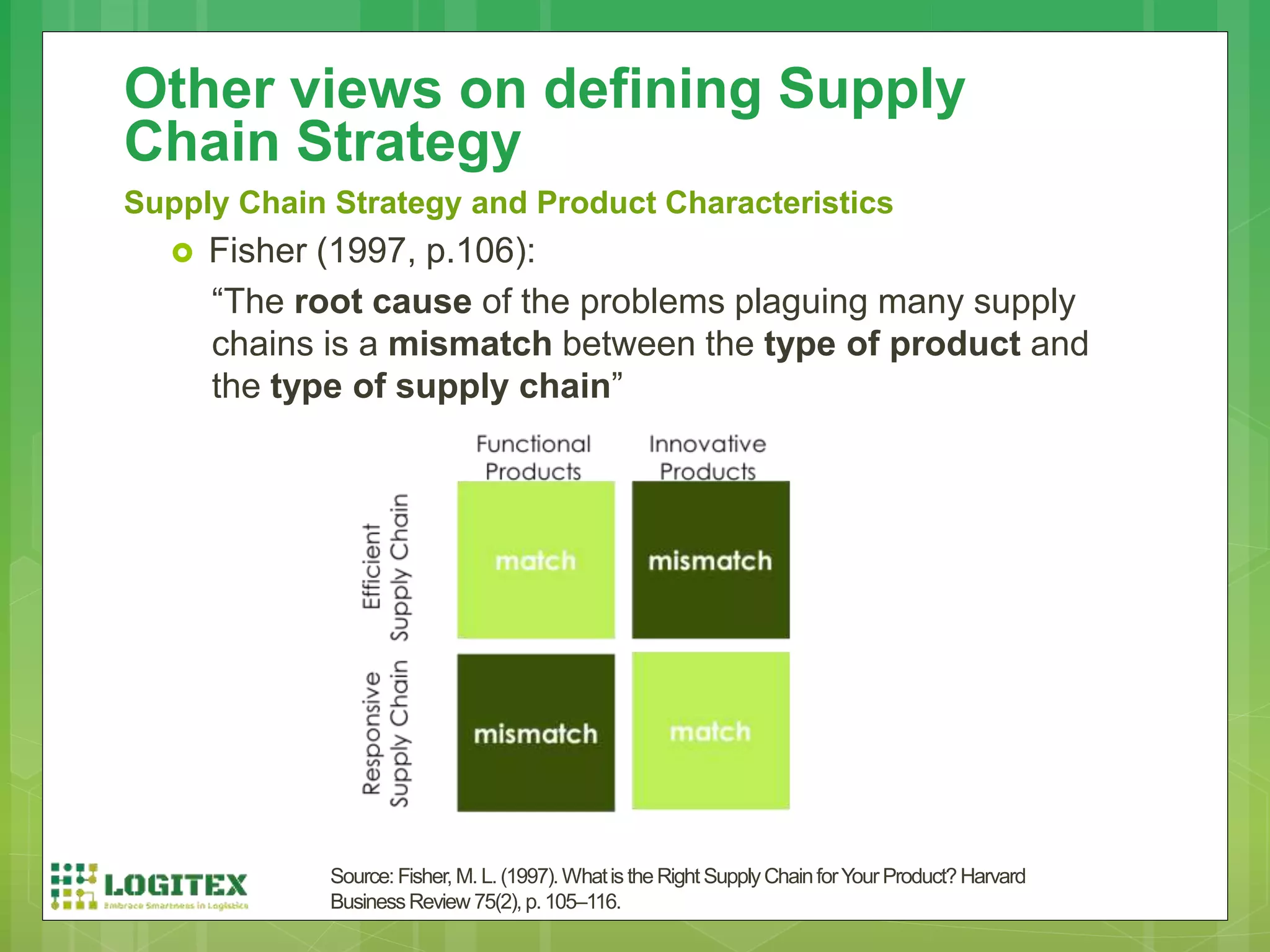  Fisher (1997, p.106):
“The root cause of the problems plaguing many supply
chains is a mismatch between the type of product and
the type of supply chain”
Other views on defining Supply
Chain Strategy
Supply Chain Strategy and Product Characteristics
Source: Fisher, M. L.(1997).WhatistheRight SupplyChainforYourProduct?Harvard
BusinessReview 75(2), p.105–116.
 