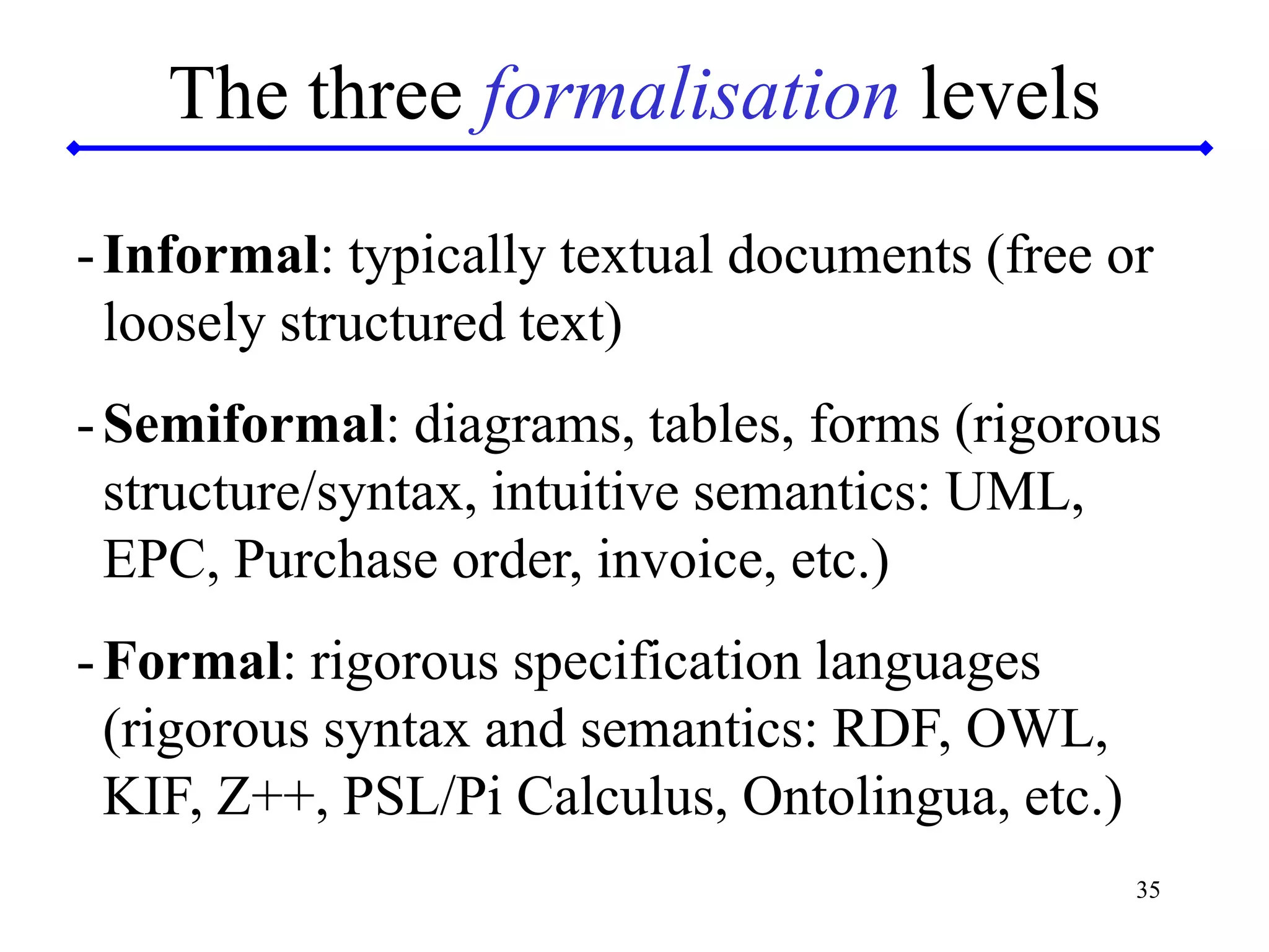 35
The three formalisation levels
-Informal: typically textual documents (free or
loosely structured text)
-Semiformal: diagrams, tables, forms (rigorous
structure/syntax, intuitive semantics: UML,
EPC, Purchase order, invoice, etc.)
-Formal: rigorous specification languages
(rigorous syntax and semantics: RDF, OWL,
KIF, Z++, PSL/Pi Calculus, Ontolingua, etc.)
 
