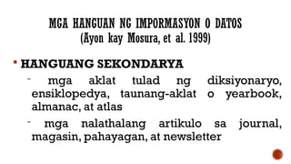 MGA HANGUAN NG IMPORMASYON O DATOS
(Ayon kay Mosura, et al. 1999)
 HANGUANG SEKONDARYA
- mga aklat tulad ng diksiyonaryo,
ensiklopedya, taunang-aklat o yearbook,
almanac, at atlas
- mga nalathalang artikulo sa journal,
magasin, pahayagan, at newsletter
 