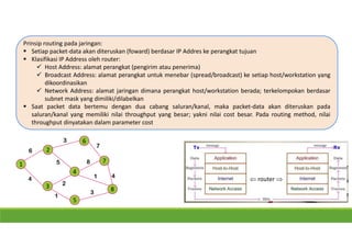Prinsip routing pada jaringan:
 Setiap packet-data akan diteruskan (foward) berdasar IP Addres ke perangkat tujuan
 Klasifikasi IP Address oleh router:
 Host Address: alamat perangkat (pengirim atau penerima)
 Broadcast Address: alamat perangkat untuk menebar (spread/broadcast) ke setiap host/workstation yang
dikoordinasikan
 Network Address: alamat jaringan dimana perangkat host/workstation berada; terkelompokan berdasar
subnet mask yang dimiliki/dilabelkan
 Saat packet data bertemu dengan dua cabang saluran/kanal, maka packet-data akan diteruskan pada
saluran/kanal yang memiliki nilai throughput yang besar; yakni nilai cost besar. Pada routing method, nilai
throughput dinyatakan dalam parameter cost
2
1
3
6
4
4
5
6
7
8
3
5
2
1
7
8
1
3
4
 router 
 