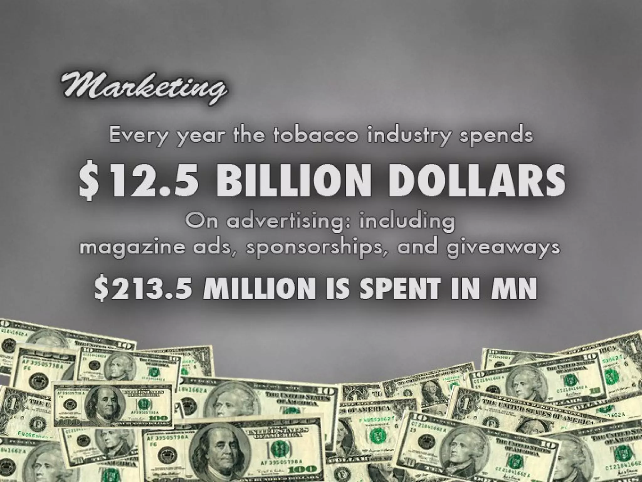 $12.5 billion in marketing Where do they spend it all? Magazines, Outdoor Advertisements, Newspapers, Sponsorships, giveaways $213.5 million Spent in MN 