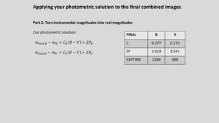Applying your photometric solution to the final combined images
Part 2: Turn instrumental magnitudes into real magnitudes
Our photometric solution:
𝑚!"#$,% − 𝑚% = 𝐶% 𝐵 − 𝑉 + 𝑍𝑃%
𝑚!"#$,C − 𝑚C = 𝐶C 𝐵 − 𝑉 + 𝑍𝑃C
FINAL B V
C 0.277 0.233
ZP 3.619 3.541
EXPTIME 1200 900
 