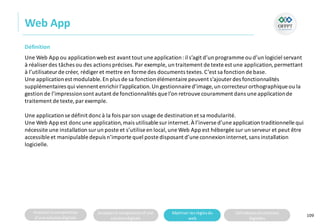 Analyserla composition
d’une solutiondigitale
Analyserla compositiond’une
solutiondigitale
Maitriser lesrèglesdu
web
Utilisateursetsolutions
digitales
Web App
109
Définition
Une Web App ou applicationweb est avant tout une application: il s’agit d’un programme ou d’un logiciel servant
à réaliser des tâches ou des actions précises.Par exemple, un traitement de texte est une application,permettant
à l’utilisateur de créer, rédiger et mettre en forme des documents textes.C’est sa fonction de base.
Une applicationest modulable.En plus de sa fonction élémentaire peuvent s’ajouter des fonctionnalités
supplémentaires qui viennent enrichir l’application.Un gestionnaire d’image, un correcteur orthographique ou la
gestion de l’impressionsont autant de fonctionnalités que l’on retrouve couramment dans une applicationde
traitement de texte,par exemple.
Une applicationse définit doncà la fois par son usage de destination et sa modularité.
Une Web App est doncune application,mais utilisable sur internet.À l’inverse d’une application traditionnelle qui
nécessite une installation sur un poste et s’utilise en local,une Web App est hébergée sur un serveur et peut être
accessible et manipulable depuis n’importe quel poste disposant d’une connexioninternet,sans installation
logicielle.
 