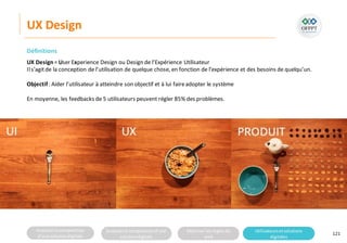 Analyserla composition
d’une solutiondigitale
Analyserla compositiond’une
solutiondigitale
Maitriser lesrèglesdu
web
Utilisateursetsolutions
digitales
UX Design
121
Définitions
UX Design= User Experience Design ou Design de l’Expérience Utilisateur
Ils’agitde la conception de l’utilisation de quelque chose, en fonction de l’expérience et des besoins de quelqu’un.
Objectif : Aider l’utilisateur à atteindre son objectif et à lui faireadopter le système
En moyenne, les feedbacks de 5 utilisateurs peuvent régler 85% des problèmes.
 