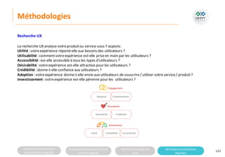 Analyserla composition
d’une solutiondigitale
Analyserla compositiond’une
solutiondigitale
Maitriser lesrèglesdu
web
Utilisateursetsolutions
digitales
Méthodologies
123
Recherche UX
La recherche UX analyse votreproduitou service sous 7 aspects:
Utilité : votreexpérience répond-elle aux besoins des utilisateurs ?
Utilisabilité : commentvotreexpérience est-elle priseen main par les utilisateurs ?
Accessibilité: est-elle accessible à tous les types d'utilisateurs ?
Désirabilité: votreexpérience est-elle attractive pour les utilisateurs ?
Crédibilité : donne-t-elle confiance aux utilisateurs ?
Adoption: votreexpérience donne-t-elle envie aux utilisateurs de souscrire/ utiliser votre service/ produit?
Investissement : votreexpérience est-elle pérenne pour les utilisateurs ?
 