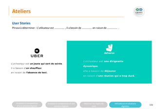 Analyserla composition
d’une solutiondigitale
Analyserla compositiond’une
solutiondigitale
Maitriser lesrèglesdu
web
Utilisateursetsolutions
digitales
Ateliers
131
User Stories
Phraseà déterminer : L’utilisateur est ……………. , il a besoin de ……………. en raison de ……………. .
 