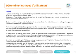 Analyserla composition
d’une solutiondigitale
Analyserla compositiond’une
solutiondigitale
Maitriser lesrèglesdu
web
Utilisateursetsolutions
digitales
Déterminer les types d’utilisateurs
136
Persona
Le persona en UX design est un portraitrobot représentatif d'une cible prioritaire de la solution digitales. Ils sontdes
archétypes ; des modèles d'utilisateurs types.
Dans le cadred’un projet peu documenté, l’approchepar persona est efficace pourfaire émerger les attentes et les
besoins potentiels des utilisateurs finaux.
C'est un travailimportant pour aider les équipes de conception. On se situe ici à mi-chemin entre le design stratégiqueet
l'ergonomie. On est donc au coeur de l'UX design.
Pour commencer, c'est l'étude des usages et/ou l'analysedes besoins des utilisateurs qui permettrontde recueillir les
informations nécessaires à la création des profils types d'utilisateurs. Avantde créer des fiches personas, ilfaut identifier
les profils types d'utilisateurs de la solution.
Ils'agit de définir les types de profil à même d’utiliser les services proposés par la solution, mais également d'explorerles
comportements et les stratégies potentielles des usagers. L’approchepar persona estune technique permettant d'assurer
la prise en compte de l’expérience utilisateur dans la conception d’un supportdigital.
Un persona est un modèle type d'utilisateur, ce qui présupposeun travaild'enquête terrain pour réussir à identifier les
caractéristiques de chaque grandetypologie d'usager.
Cette approche, lorsqu'elle se base sur une phased'analyse et sur des données réelles, permet d'aider les équipes de
conception à bien comprendrel'audience du dispositif digital. Une bonne fiche persona permet d’unepart de filtrer et de
synthétiser les données utilisateurs et d’autrepart de fédérer tous les acteurs du projetautour de profils clés.
 