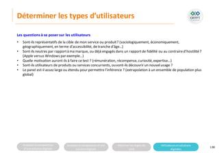 Analyserla composition
d’une solutiondigitale
Analyserla compositiond’une
solutiondigitale
Maitriser lesrèglesdu
web
Utilisateursetsolutions
digitales
Déterminer les types d’utilisateurs
138
Les questions à se poser sur les utilisateurs
• Sont-ils représentatifs de la cible de mon service ou produit? (sociologiquement, économiquement,
géographiquement, en terme d’accessibilité, de tranche d’âge…)
• Sont-ils neutres par rapportà ma marque, ou déjà engagés dans un rapportde fidélité ou au contraired’hostilité?
(Apple versus Windows par exemple…)
• Quelle motivation auront-ils à faire ce test ? (rémunération, récompense, curiosité, expertise…)
• Sont-ils utilisateurs de produits ou services concurrents, ouvont-ils découvrir un nouvelusage ?
• Le panel est-il assez large ou étendu pour permettre l’inférence ? (extrapolation à un ensemble de population plus
global)
 
