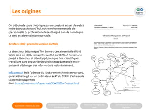 Connaitre l’histoire duweb Analyserla compositiond’une
solutiondigitale
Maitriser lesrèglesdu
web
Utilisateursetsolutions
digitales
On débute de cours théorique parun constant actuel : le web à
notre époque.Aujourd’hui,notre environnementde vie
(personnelle ou professionnelle)est baigné dans le numérique.
Le web est devenu incontournable.
12 Mars 1989 : premièreversion du Web
Le chercheurbritannique Tim Berners-Lee a inventé le World
Wide Web en 1989, lorsqu’il travaillait au CERN.À l’origine, le
projet a été conçu et développépourque des scientifiques
travaillant dans des universités et instituts du monde entier
puissent s'échanger des informations instantanément.
Info.cern.ch était l’adresse du tout premier site et serveurWeb,
qui était hébergé surun ordinateur NeXT du CERN. L’adresse de
la première page Web
était http://info.cern.ch/hypertext/WWW/TheProject.html
Les origines
 
