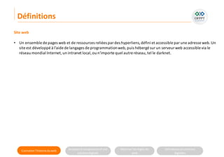 Connaitre l’histoire duweb Analyserla compositiond’une
solutiondigitale
Maitriser lesrèglesdu
web
Utilisateursetsolutions
digitales
Site web
• Un ensemble de pages web et de ressources reliées pardes hyperliens,défini et accessible par une adresse web.Un
site est développé à l'aide de langages de programmationweb,puis hébergé sur un serveur web accessible via le
réseau mondial Internet,un intranet local,ou n'importe quel autre réseau,tel le darknet.
Définitions
 