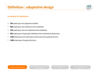 Connaitre l’histoire duweb Analyserla compositiond’une
solutiondigitale
Maitriser lesrèglesdu
web
Utilisateursetsolutions
digitales
Le système à 6 résolutions :
• 320 pixels pourles appareils mobiles
• 480 pixels pourles mobiles et mini tablettes
• 760 pixels pour les mini tablettes et les tablettes
• 960 pixels pourles grandes tablettes et les ordinateursde bureau
• 1200 pixels pour les ordinateurs de bureauet les grands écrans
• 1600 pixels pour les grands écrans
Définition : adaptative design
 