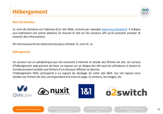 Connaitre l’histoire duweb Analyserla compositiond’une
solutiondigitale
Maitriser lesrèglesdu
web
Utilisateursetsolutions
digitales
Hébergement
55
Le nom de domaine est l’adresse d’un site Web, comme par exemple www.monsiteweb.fr. Il indique
aux ordinateurs (et autres devices) où trouver le site sur les serveurs afin qu’ils puissent envoyer et
recevoir des informations.
On retrouve parmi les extensionsles plus utilisées .fr,.com et .io
Nom de domaine
Hébergement
Un serveur est un périphérique qui est connecté à Internet et stocke des fichiers de site. Un service
d’hébergement web permet de louer un espace sur un disque dur afin que les utilisateurs à travers le
monde puissent accéderaux fichiers d’un site pour afficher ce dernier.
L’hébergement Web correspond à un espace de stockage de votre site Web. Sur cet espace vous
stockez vos fichiers de site, correspondantà la mise en page, le contenu, les images, etc
 