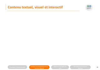 Connaitre l’histoire duweb Analyserla compositiond’une
solutiondigitale
Maitriser lesrèglesdu
web
Utilisateursetsolutions
digitales
Contenu textuel, visuel et interactif
75
 