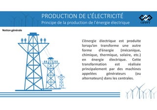 PRODUCTION DE L’ÉLECTRICITÉ
Principe de la production de l’énergie électrique
Notion générale
L’énergie électrique est produite
lorsqu’on transforme une autre
forme d’énergie (mécanique,
chimique, thermique, solaire, etc.)
en énergie électrique. Cette
transformation est réalisée
principalement par des machines
appelées générateurs (ou
alternateurs) dans les centrales.
 