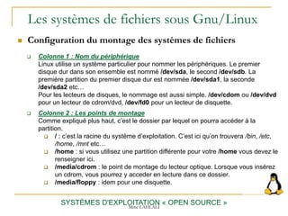 Les systèmes de fichiers sous Gnu/Linux
 Configuration du montage des systèmes de fichiers
SYSTÈMES D'EXPLOITATION « OPEN SOURCE »
 Colonne 1 : Nom du périphérique
Linux utilise un système particulier pour nommer les périphériques. Le premier
disque dur dans son ensemble est nommé /dev/sda, le second /dev/sdb. La
première partition du premier disque dur est nommée /dev/sda1, la seconde
/dev/sda2 etc…
Pour les lecteurs de disques, le nommage est aussi simple. /dev/cdom ou /dev/dvd
pour un lecteur de cdrom/dvd, /dev/fd0 pour un lecteur de disquette.
 Colonne 2 : Les points de montage
Comme expliqué plus haut, c’est le dossier par lequel on pourra accéder à la
partition.
 / : c’est la racine du système d’exploitation. C’est ici qu’on trouvera /bin, /etc,
/home, /mnt etc…
 /home : si vous utilisez une partition différente pour votre /home vous devez le
renseigner ici.
 /media/cdrom : le point de montage du lecteur optique. Lorsque vous insérez
un cdrom, vous pourrez y acceder en lecture dans ce dossier.
 /media/floppy : idem pour une disquette.
Mme LAHLALI
 