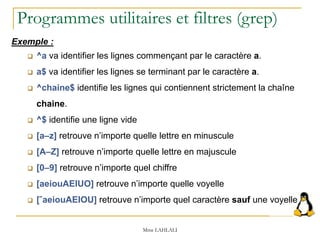 Mme LAHLALI
Exemple :
 ^a va identifier les lignes commençant par le caractère a.
 a$ va identifier les lignes se terminant par le caractère a.
 ^chaine$ identifie les lignes qui contiennent strictement la chaîne
chaine.
 ^$ identifie une ligne vide
 [a–z] retrouve n’importe quelle lettre en minuscule
 [A–Z] retrouve n’importe quelle lettre en majuscule
 [0–9] retrouve n’importe quel chiffre
 [aeiouAEIUO] retrouve n’importe quelle voyelle
 [ˆaeiouAEIOU] retrouve n’importe quel caractère sauf une voyelle
Programmes utilitaires et filtres (grep)
 