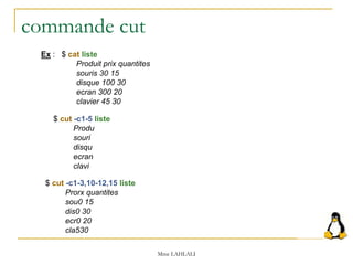 commande cut
Mme LAHLALI
Ex : $ cat liste
Produit prix quantites
souris 30 15
disque 100 30
ecran 300 20
clavier 45 30
$ cut -c1-5 liste
Produ
souri
disqu
ecran
clavi
$ cut -c1-3,10-12,15 liste
Prorx quantites
sou0 15
dis0 30
ecr0 20
cla530
 