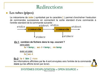 Redirections
 Les tubes (pipes)
SYSTÈMES D'EXPLOITATION « OPEN SOURCE »
Le mécanisme de tube ( symbolisé par le caractère | ) permet d’enchaîner l’exécution
de commandes successives en connectant la sortie standard d’une commande à
l’entrée standard de la commande suivante :
commande
stdin stdout
stderr
commande
stdin
stdout
stderr
Ex 2 : ls -l /bin | more
les informations affichées par ls -l sont envoyées vers l’entrée de la commande
more qui les affiche écran par écran.
Ex 1 : combien de fichiers dans le rep. courant ?
sans pipe:
ls > temp ; wc -l < temp ; rm temp
avec un pipe:
ls | wc -l
Mme LAHLALI
 