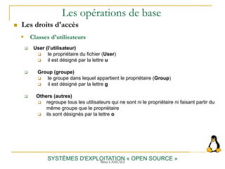 Les opérations de base
 Les droits d'accès
SYSTÈMES D'EXPLOITATION « OPEN SOURCE »
 User (l’utilisateur)
 le propriétaire du fichier (User)
 il est désigné par la lettre u
 Group (groupe)
 le groupe dans lequel appartient le propriétaire (Group)
 il est désigné par la lettre g
 Others (autres)
 regroupe tous les utilisateurs qui ne sont ni le propriétaire ni faisant partir du
même groupe que le propriétaire
 ils sont désignés par la lettre o
 Classes d'utilisateurs
Mme LAHLALI
 