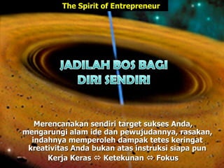 Merencanakan sendiri target sukses Anda,
mengarungi alam ide dan pewujudannya, rasakan,
indahnya memperoleh dampak tetes keringat
kreativitas Anda bukan atas instruksi siapa pun
Kerja Keras  Ketekunan  Fokus
The Spirit of Entrepreneur
 