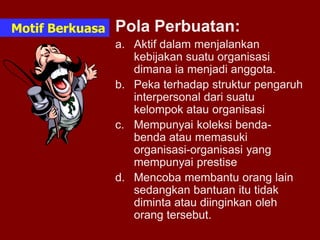 Pola Perbuatan:
a. Aktif dalam menjalankan
kebijakan suatu organisasi
dimana ia menjadi anggota.
b. Peka terhadap struktur pengaruh
interpersonal dari suatu
kelompok atau organisasi
c. Mempunyai koleksi benda-
benda atau memasuki
organisasi-organisasi yang
mempunyai prestise
d. Mencoba membantu orang lain
sedangkan bantuan itu tidak
diminta atau diinginkan oleh
orang tersebut.
Motif Berkuasa
 