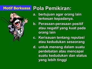 Pola Pemikiran:
a. bertujuan agar orang lain
terkesan kepadanya.
b. Perasaan-perasaan positif
atau negatif yang kuat pada
orang lain
c. Kerisauan tentang reputasi
atau kedudukan seseorang
d. untuk menang dalam suatu
perdebatan atau mencapai
suatu kedudukan dan status
yang lebih tinggi
Motif Berkuasa
 