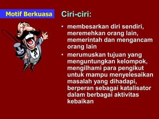 Motif Berkuasa
• membesarkan diri sendiri,
meremehkan orang lain,
memerintah dan mengancam
orang lain
• merumuskan tujuan yang
menguntungkan kelompok,
mengilhami para pengikut
untuk mampu menyelesaikan
masalah yang dihadapi,
berperan sebagai katalisator
dalam berbagai aktivitas
kebaikan
Ciri-ciri:
 