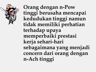 Orang dengan n-Pow
tinggi berusaha mencapai
kedudukan tinggi namun
tidak memiliki perhatian
terhadap upaya
memperbaiki prestasi
kerja sehari-hari
sebagaimana yang menjadi
concern dari orang dengan
n-Ach tinggi
 