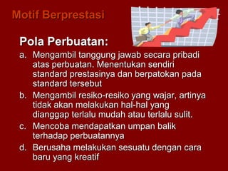 Motif Berprestasi
Pola Perbuatan:
a. Mengambil tanggung jawab secara pribadi
atas perbuatan. Menentukan sendiri
standard prestasinya dan berpatokan pada
standard tersebut
b. Mengambil resiko-resiko yang wajar, artinya
tidak akan melakukan hal-hal yang
dianggap terlalu mudah atau terlalu sulit.
c. Mencoba mendapatkan umpan balik
terhadap perbuatannya
d. Berusaha melakukan sesuatu dengan cara
baru yang kreatif
 