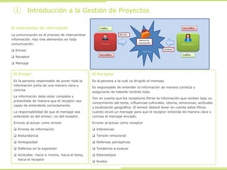 El intercambio de información
La comunicación es el proceso de intercambiar
información. Hay tres elementos en toda
comunicación:
 Emisor
 Receptor
 Mensaje
① Introducción a la Gestión de Proyectos
El Receptor
Es la persona a la cual va dirigido el mensaje.
Es responsable de entender la información de manera correcta y
asegurarse de haberla recibido toda.
Ten en cuenta que los receptores filtran la información que reciben bajo su
conocimiento del tema, influencias culturales, idioma, emociones, actitudes
y localización geográfica. El emisor deberá tener en cuenta estos filtros
cuando envié un mensaje para que el receptor entienda de manera clara y
concisa el mensaje enviado.
Errores al actuar como receptor
 Inferencias
 Tensión emocional
 Defensas perceptivas
 Tendencia a evaluar
 Estereotipos
 Ruidos
El Emisor
Es la persona responsable de poner toda la
información junta de una manera clara y
concisa.
La información debe estar completa y
presentada de manera que el receptor sea
capaz de entenderla correctamente.
La responsabilidad de que el mensaje sea
entendido es del emisor, no del receptor.
Errores al actuar como emisor
 Errores de información
 Redundancia
 Ambigüedad
 Defectos en la expresión
 Actitudes: hacia si mismo, hacia el tema,
hacia el receptor
 