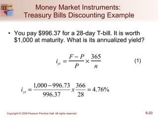 Money Market Instruments:  Treasury Bills Discounting Example You pay $996.37 for a 28-day T-bill. It is worth $1,000 at maturity. What is its annualized yield? (1) 