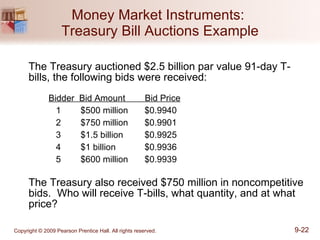 Money Market Instruments:  Treasury Bill Auctions Example The Treasury auctioned $2.5 billion par value 91-day T-bills, the following bids were received: Bidder  Bid Amount  Bid Price   1 $500 million $0.9940   2 $750 million $0.9901   3 $1.5 billion $0.9925   4 $1 billion $0.9936   5 $600 million $0.9939 The Treasury also received $750 million in noncompetitive bids.  Who will receive T-bills, what quantity, and at what price?  