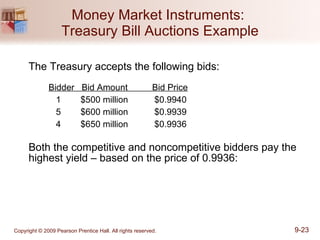 Money Market Instruments:  Treasury Bill Auctions Example The Treasury accepts the following bids: Bidder  Bid Amount  Bid Price   1 $500 million   $0.9940   5 $600 million   $0.9939   4 $650 million    $0.9936 Both the competitive and noncompetitive bidders pay the highest yield – based on the price of 0.9936: 