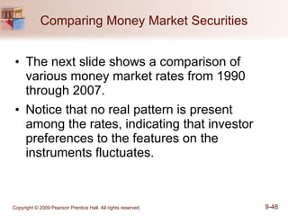 Comparing Money Market Securities The next slide shows a comparison of various money market rates from 1990 through 2007. Notice that no real pattern is present among the rates, indicating that investor preferences to the features on the instruments fluctuates. 