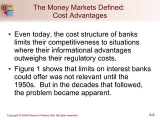 The Money Markets Defined:  Cost Advantages Even today, the cost structure of banks limits their competitiveness to situations where their informational advantages outweighs their regulatory costs. Figure 1 shows that limits on interest banks could offer was not relevant until the 1950s.  But in the decades that followed, the problem became apparent. 