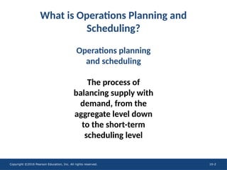Copyright ©2016 Pearson Education, Inc. All rights reserved. 10-2
What is Operations Planning and
Scheduling?
Operations planning
and scheduling
The process of
balancing supply with
demand, from the
aggregate level down
to the short-term
scheduling level
 