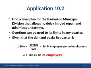 Copyright ©2016 Pearson Education, Inc. All rights reserved. 10-23
Application 10.2
• Find a level plan for the Barberton Municipal
Division that allows no delay in road repair and
minimizes undertime.
• Overtime can be used to its limits in any quarter.
• Given that the demand peaks in quarter 3:
1.20w =
w = 30.45 or 31 employees
36.54 employee-period equivalents
19,000
520
=
 