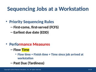 Copyright ©2016 Pearson Education, Inc. All rights reserved. 10-39
Sequencing Jobs at a Workstation
• Priority Sequencing Rules
– First-come, first-served (FCFS)
– Earliest due date (EDD)
• Performance Measures
– Flow Time
• Flow time = Finish time + Time since job arrived at
workstation
– Past Due (Tardiness)
 