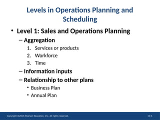 Copyright ©2016 Pearson Education, Inc. All rights reserved. 10-4
• Level 1: Sales and Operations Planning
– Aggregation
1. Services or products
2. Workforce
3. Time
– Information inputs
– Relationship to other plans
• Business Plan
• Annual Plan
Levels in Operations Planning and
Scheduling
 