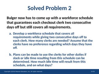 Copyright ©2016 Pearson Education, Inc. All rights reserved. 10-55
Solved Problem 2
Bulger now has to come up with a workforce schedule
that guarantees each checkout clerk two consecutive
days off but still covers all requirements.
a. Develop a workforce schedule that covers all
requirements while giving two consecutive days off to
each clerk. How many clerks are needed? Assume that the
clerks have no preference regarding which days they have
off.
b. Plans can be made to use the clerks for other duties if
slack or idle time resulting from this schedule can be
determined. How much idle time will result from this
schedule, and on what days?
 