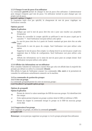 33
1.3.3 Changer le mot de passe d'un utilisateur
La commande passwd permet de changer le mot de passe d'un utilisateur. L'administrateur
peut changer n'importe quel mot de passe. Un utilisateur normal ne peut changer que son
propre mot de passe.
passwd [ options ] [ login ]
Si l'argument login n'est pas spécifié, le changement de mot de passe s'applique sur
l'utilisateur courrant.
Options passwd
Option Explication
-k
Indique que seul le mot de passe doit être mis à jour sans toucher aux propriétés
d'expiration
-l
Permet de verrouiller le compte spécifié en préfixant le mot de passe crypté par le
caractère "!". Seul l'utilisateur root peut utiliser cette option
--stdin
Le mot de passe doit être lu à partir de l'entrée standard qui peut alors être un tube
(pipe)
-u
Déverrouille le mot de passe du compte. Seul l'utilisateur root peut utiliser cette
option
-d
Supprime le mot de passe d'un compte. Le champ réservé au mot de passe crypté sera
supprimé dans le fichier de configuration. Seul l'utilisateur root peut utiliser cette
option
-S
Affiche des informations sur le statut du mot de passe pour un compte donné. Seul
l'utilisateur root peut utiliser cette option
1.3.4 Afficher des informations sur un utilisateur
Pour connaître l'identité de l'utilisateur courant (bien que cela soit affiché dans la majorité des
prompts par défaut) on utilise la commande whoami.
Elle affiche le login de l'utilisateur courant. Les commandes who, users et w permettent de
connaître les utilisateurs actuellement connectés sur la machine.
1.4 Les commandes de gestion des groupes
1.4.1 Créer un groupe
La commande groupadd permet de créer un nouveau groupe :
root@localhost # groupadd option groupe
Options de groupadd
Option Explication
-g
Permet de choisir la valeur numérique du GID du nouveau groupe. Cet identifiant doit
être unique
-r Cette option permet d'ajouter un groupe système (dont le GID est inférieur à 500)
-f
Permet de stopper la commande lorsque le groupe ou le GID du nouveau groupe
existe déjà
1.4.2 Suppression d'un groupe
Pour supprimer un groupe, on utilise la commande groupdel :
groupdel GID
Remarque : on ne peut pas supprimer un groupe si c'est le groupe principal d'un utilisateur
 